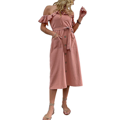 Damen Off-Shoulder Midi-Kleid Rüschendetails Bindegürtel
