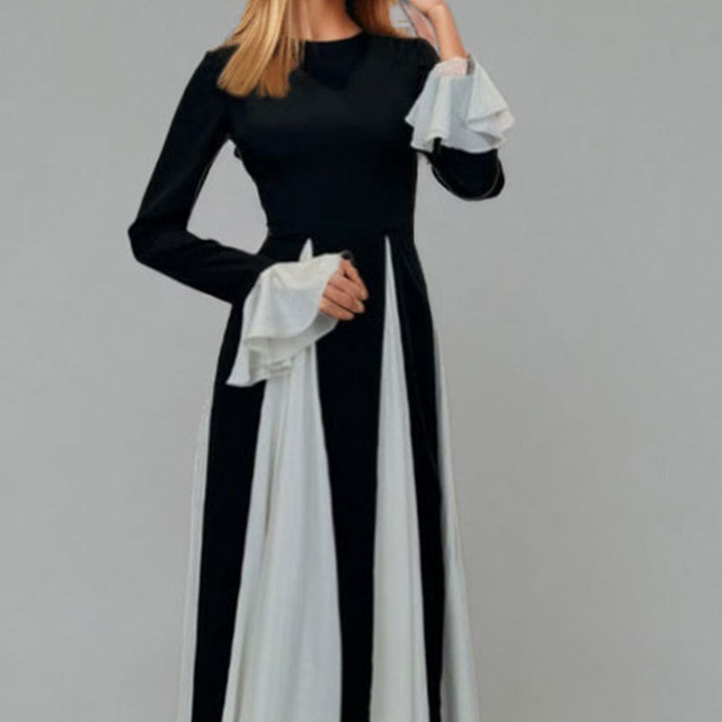 Damen Maxikleid mit Trompetenärmeln Farbkontrast