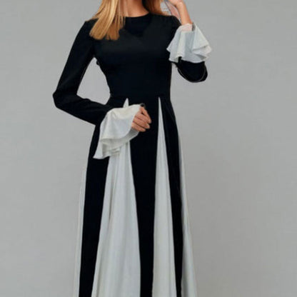 Damen Maxikleid mit Trompetenärmeln Farbkontrast