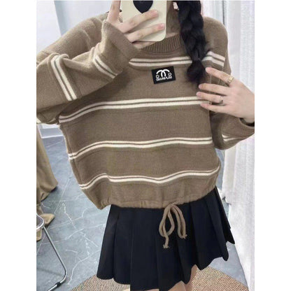 Damen Sweater Gestreift Oversized Kordelzug Beige