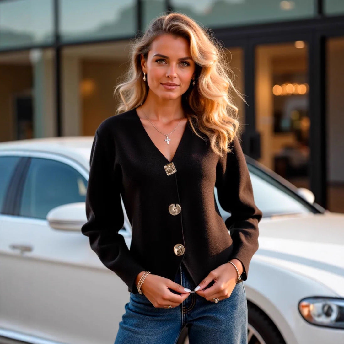 Damen Strickjacke V-Ausschnitt Goldknöpfe Norvielle