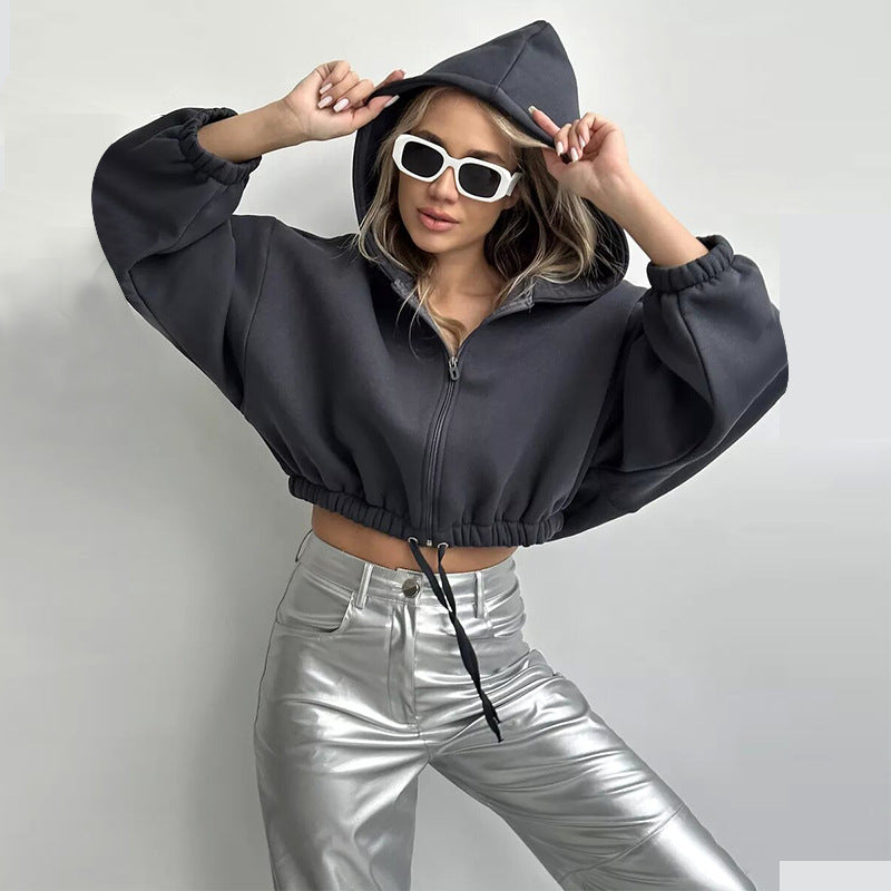 Damen Cropped Hoodie Weitem Schnitt Mit Kordelzug
