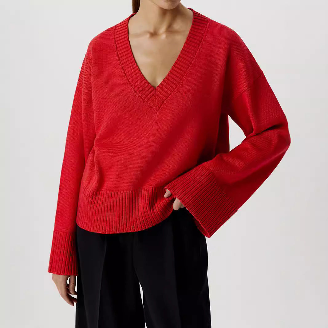 Damen Strickpullover V-Ausschnitt Breite Bündchen Norvielle