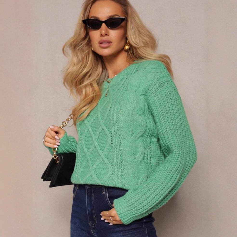 Damen Grobstrickpullover Romantisch Zopfdesign Weite Ärmel Norvielle
