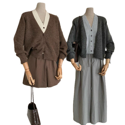 Damen Strickjacke Weiches Material V-Ausschnitt Beige