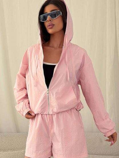 Damen Sportset Kurzarm Kapuzenjacke Elastisch
