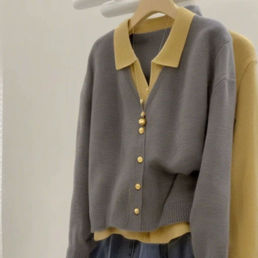 Damen Strickjacke Elegant Kragen Große Knöpfe Beige - Norvielle