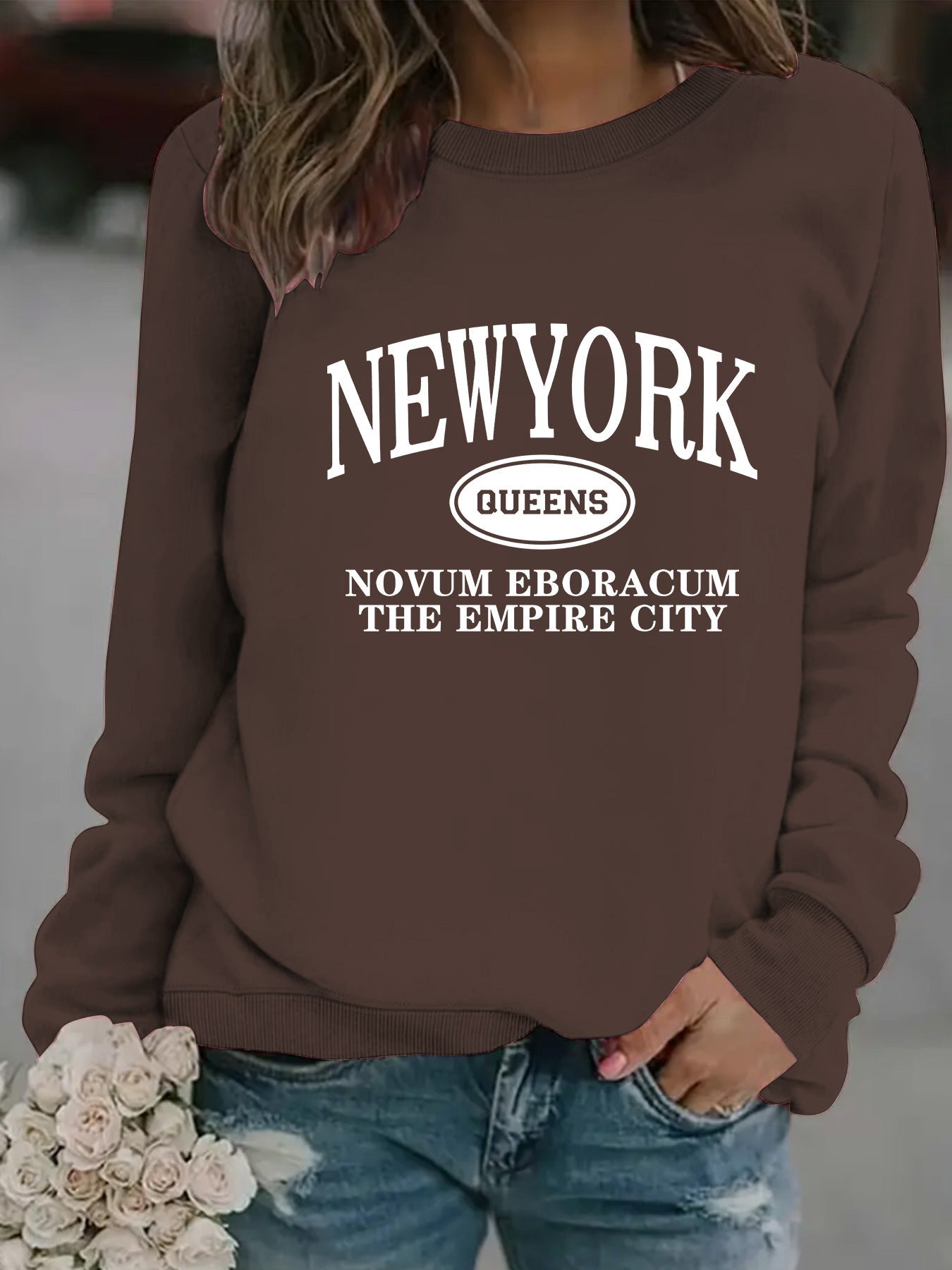 Damen Sweatshirt New Yorker Schriftzug Baumwolle Weiß