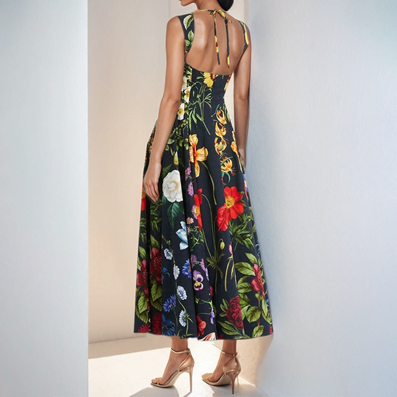 Damen Maxikleid Blumenmuster Quadratausschnitt Fließender Rock