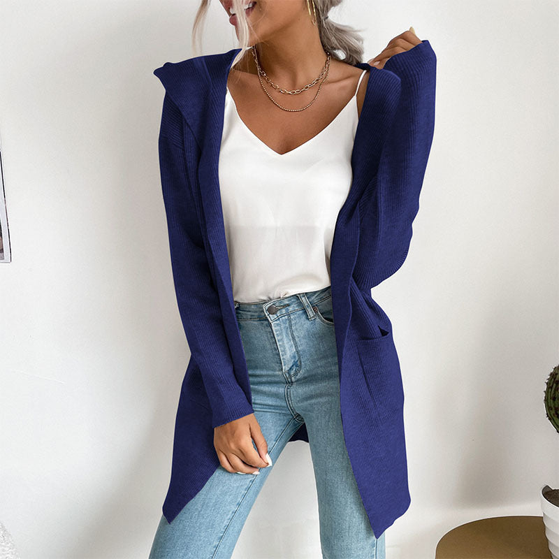 Damen Strickcardigan Offene Front Hochkragen Beige