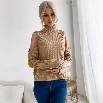Damen Off-Shoulder Strickpullover hoher Kragen Norvielle