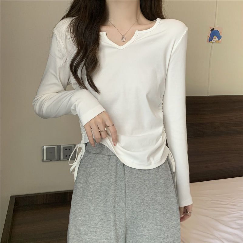 Damen Langarmshirt V-Ausschnitt Raffung Norvielle