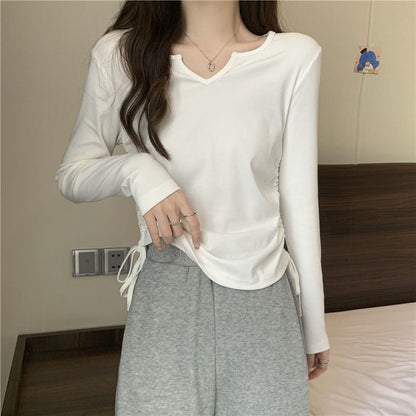 Damen Langarmshirt V-Ausschnitt Raffung Norvielle