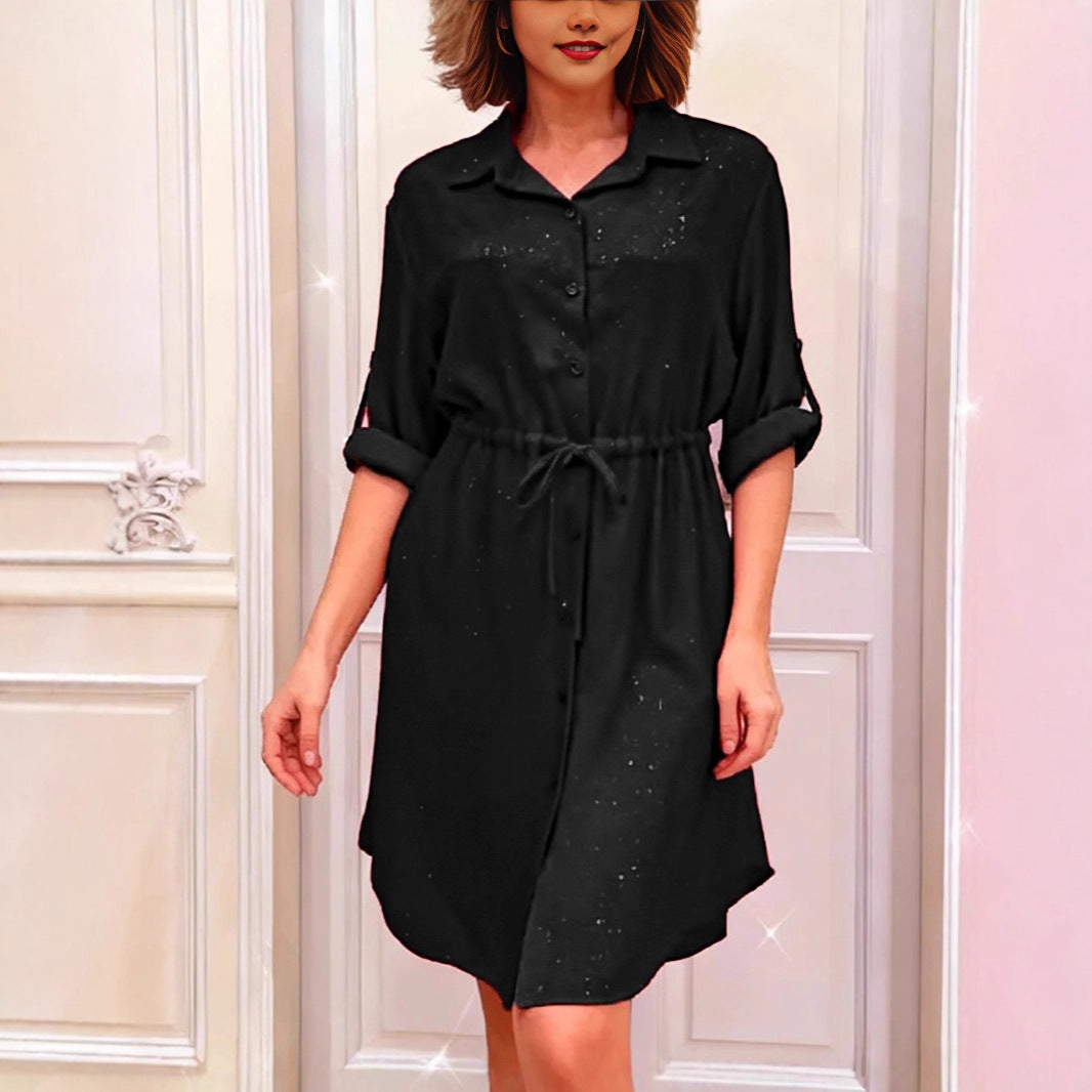 Damen Hemdblusenkleid mit Taillenzug und Glanzakzenten