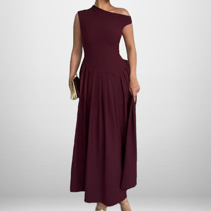 Damen One-Shoulder Maxikleid Faltenwurf Fließender Rock Norvielle