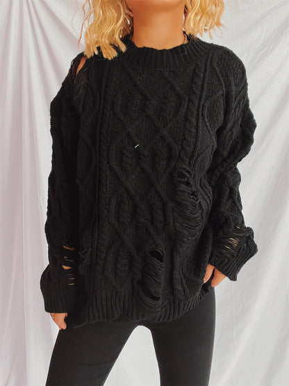 Damen Oversized-Pullover Strukturiertes Zopfmuster Fransen Beige