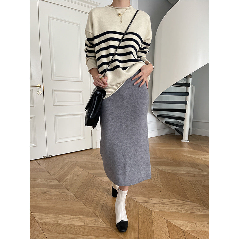 Damen Pullover Gestreift Rundhalsausschnitt Feine Strickstruktur