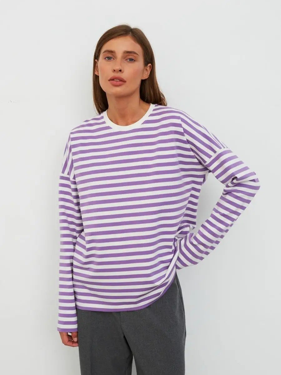Damen Langarmshirt Gestreift Rundhalsausschnitt Lässig