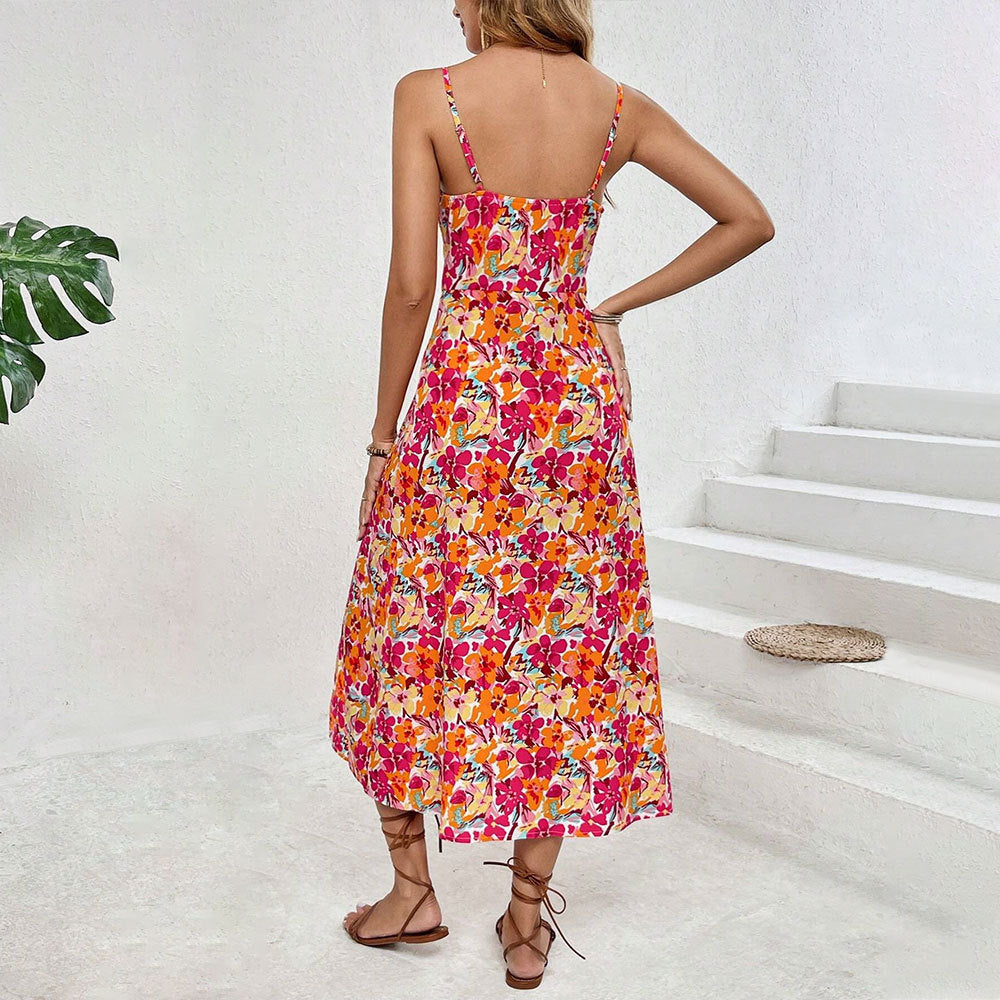 Damen Midi-Kleid Blumenmuster Spaghettiträger Seitenschlitz