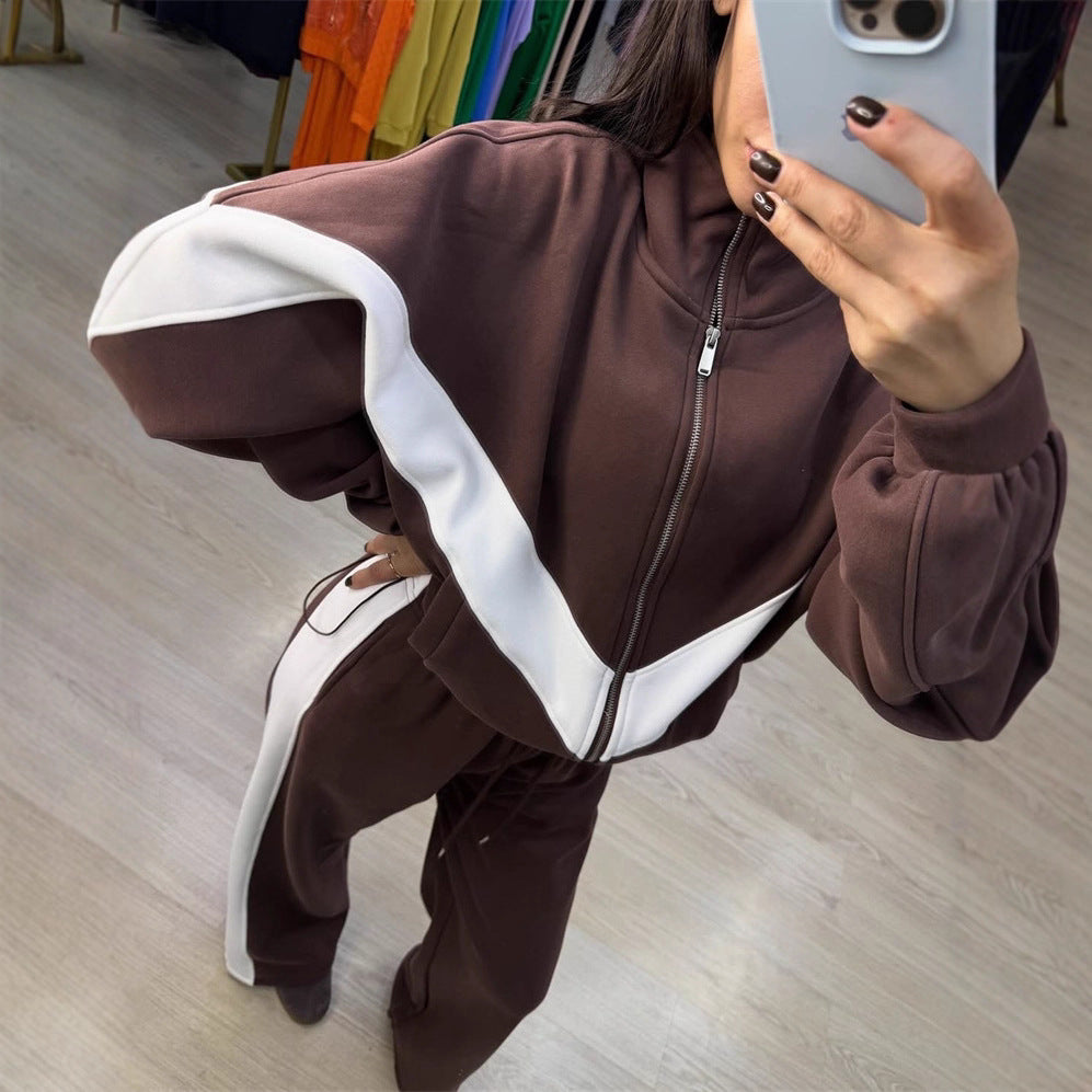 Damen Sportlicher Jogginganzug Hochkragen Kontraststreifen Norvielle