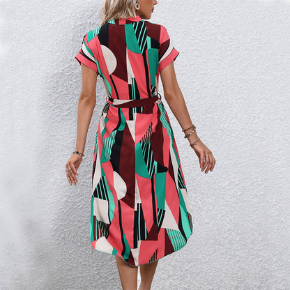 Damen Maxikleid Geometrisches Design Taillengürtel Norvielle