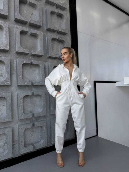 Damen Jumpsuit mit tiefem Ausschnitt und Kapuze