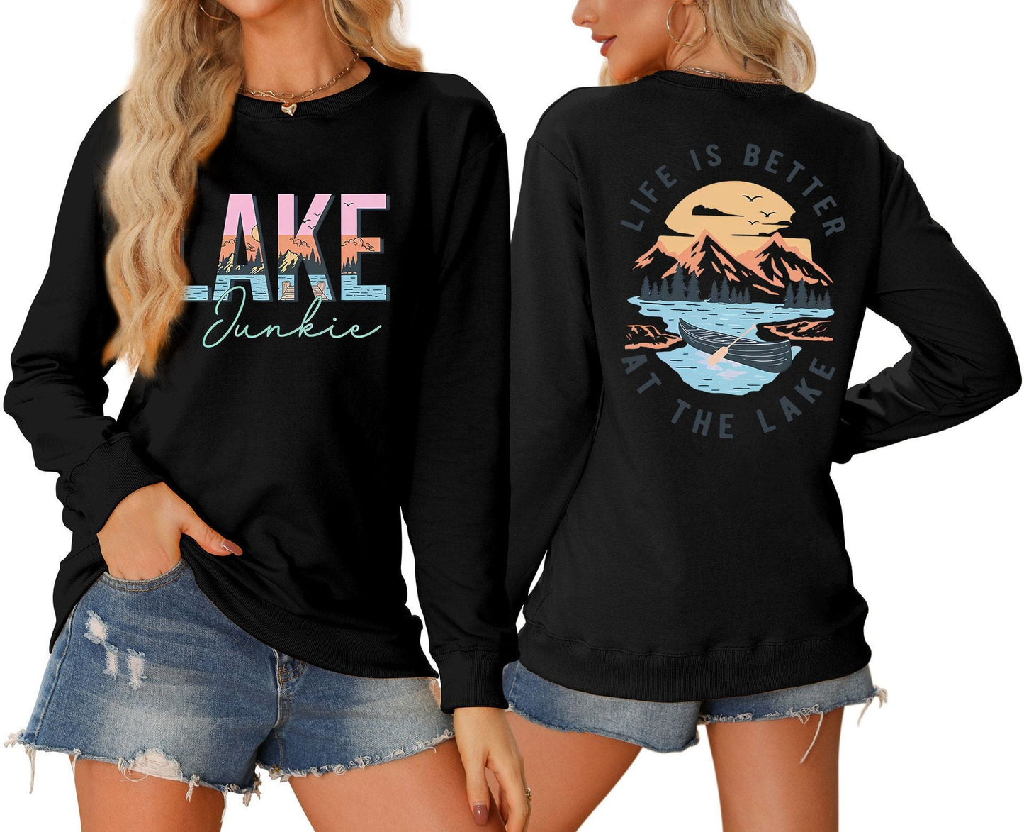 Damen Langarmshirt Lake-Motiv Leicht Lässig Weiß