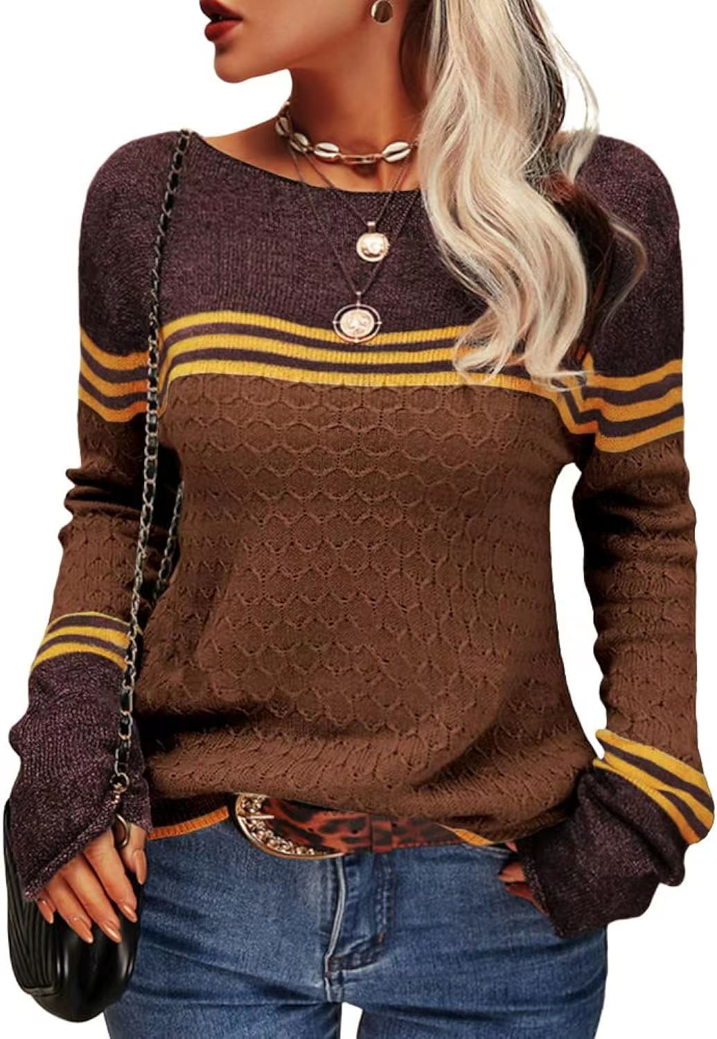 Damen Strickpullover Kontrastfarben Einzigartige Textur Norvielle