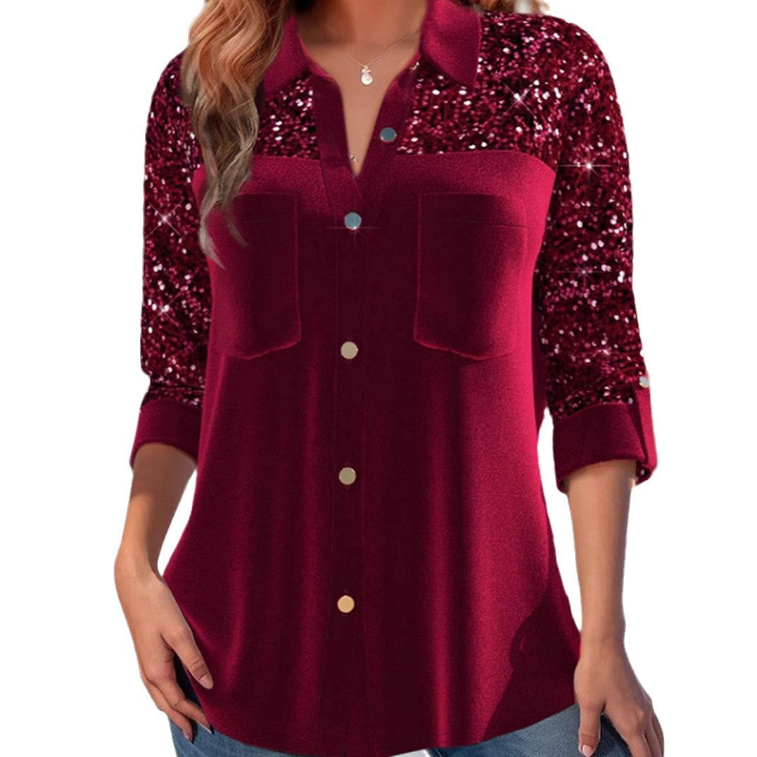 Damen Bluse Paillettenärmel Glitzer Effekt Norvielle