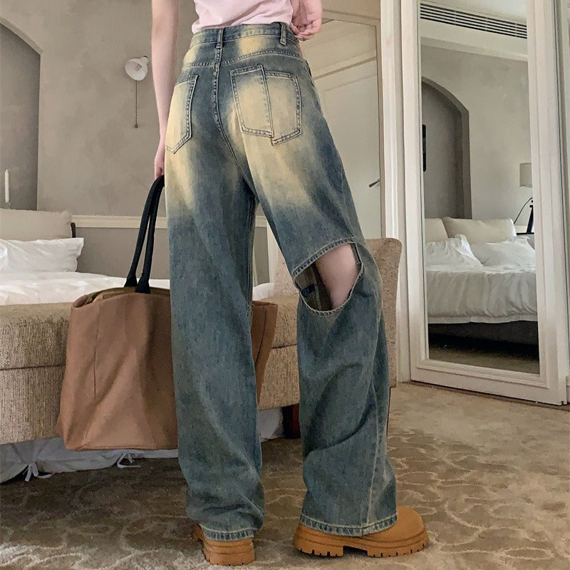 Damen Weite Denim-Hose Asymmetrische Knöpfe Blau - Norvielle