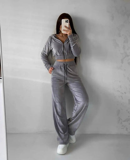 Damen Velours Hoodie Set Cropped mit Jogginghose Norvielle