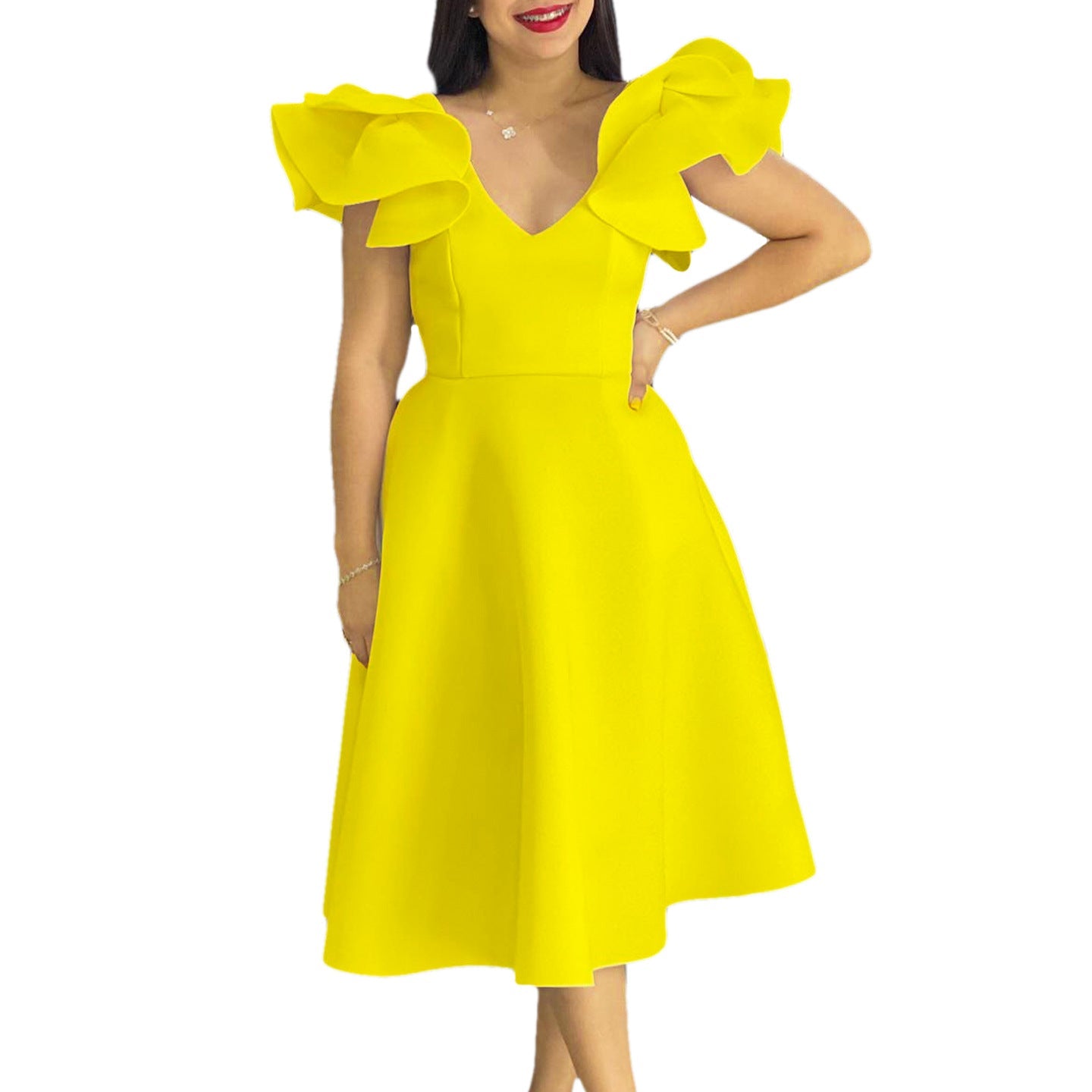 Damen Midi-Kleid Voluminöse Rüschenärmel Weit Rock