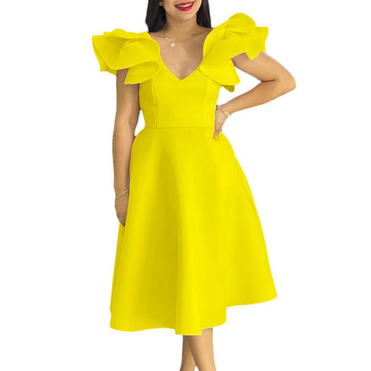 Damen Midi-Kleid Voluminöse Rüschenärmel Weit Rock