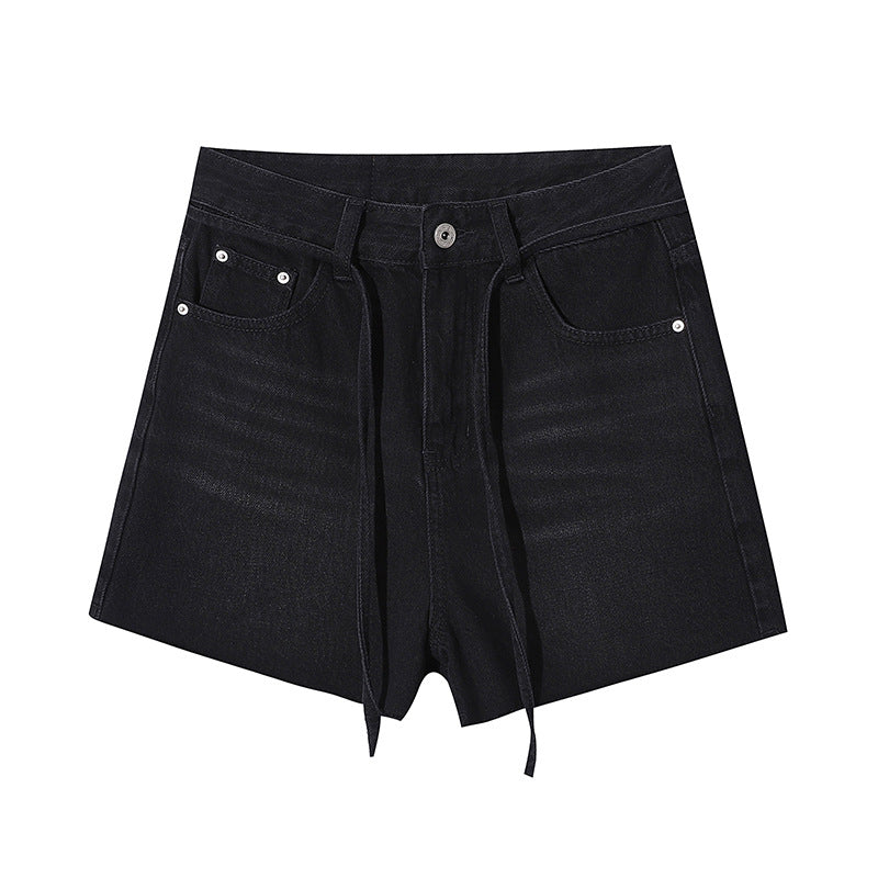 Damen Hochtaillen Jeansshorts Dekoratives Schnürdetail Französer Saum