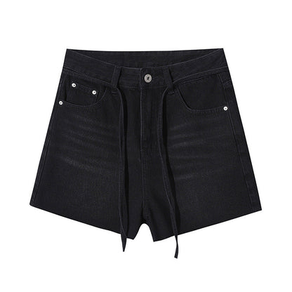 Damen Hochtaillen Jeansshorts Dekoratives Schnürdetail Französer Saum