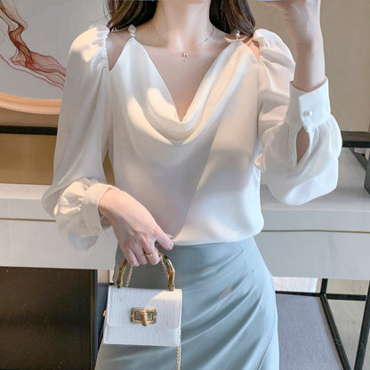 Damen Oberteil V-Ausschnitt Seidig Drapierung Beige
