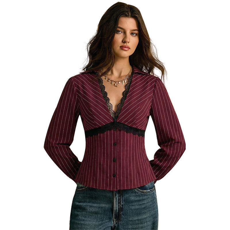 Damen Blusenshirt Spitzen- und Streifenmuster Elegantes Design Weiß