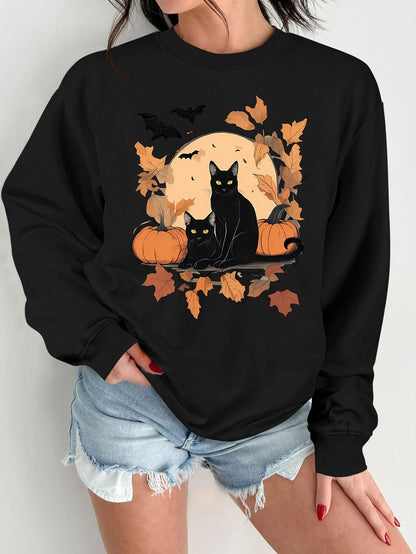 Damen Sweatshirt Herbstlich Katzen Kürbis Design Norvielle