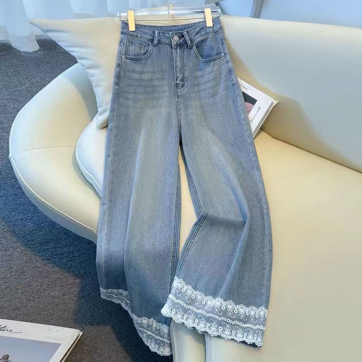 Damen Weite Jeans Spitzenbesatz