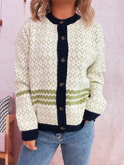 Damen Strickjacke Geometrisches Muster Elegante Knöpfe Beige