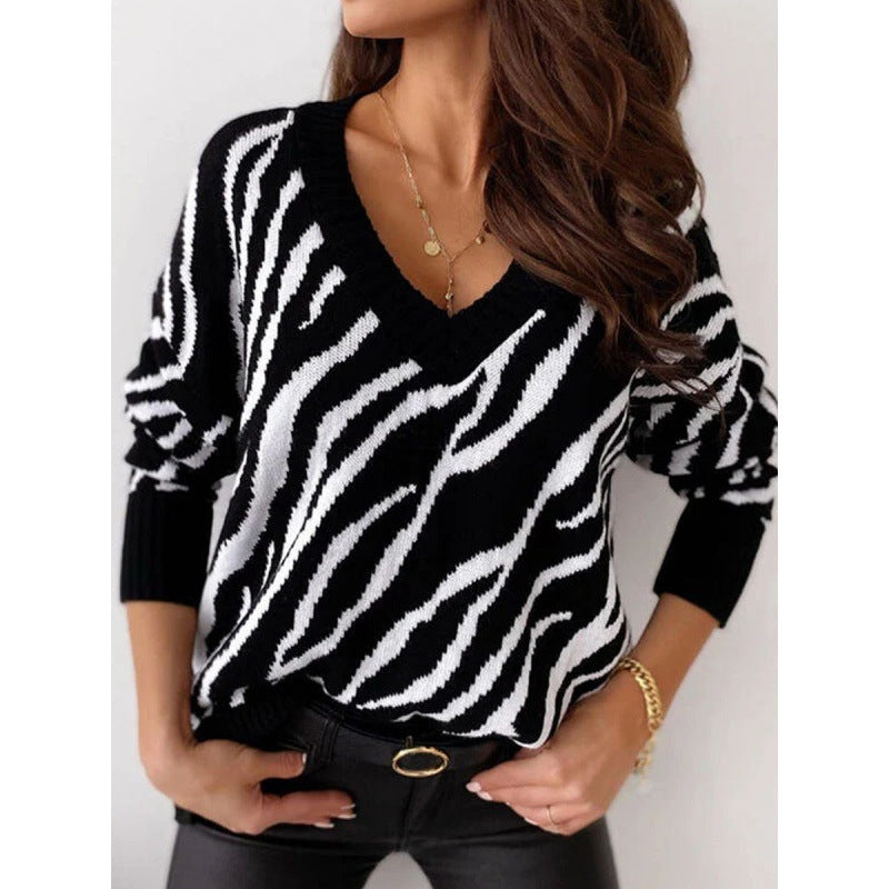 Damen Strickpullover V-Ausschnitt Zebra-Muster