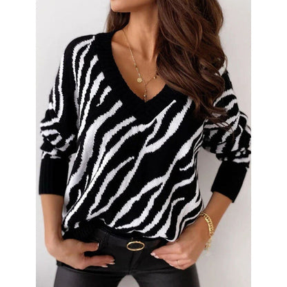 Damen Strickpullover V-Ausschnitt Zebra-Muster