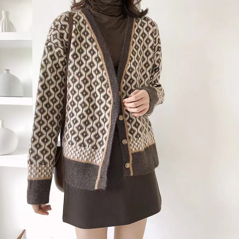 Damen Strickjacke Geometrisches Muster Knöpfe Beige