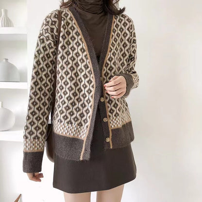 Damen Strickjacke Geometrisches Muster Knöpfe Beige