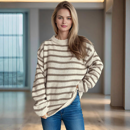 Damen Strickpullover Breite Streifen Oversized Beige - Norvielle