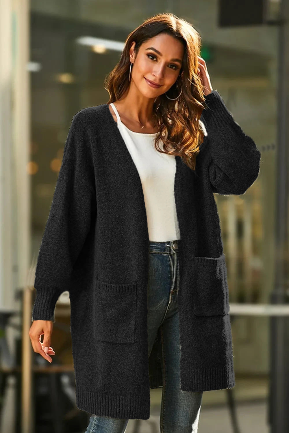 Damen Cardigan Grobstrick Weite Ärmel Tiefen Taschen Norvielle