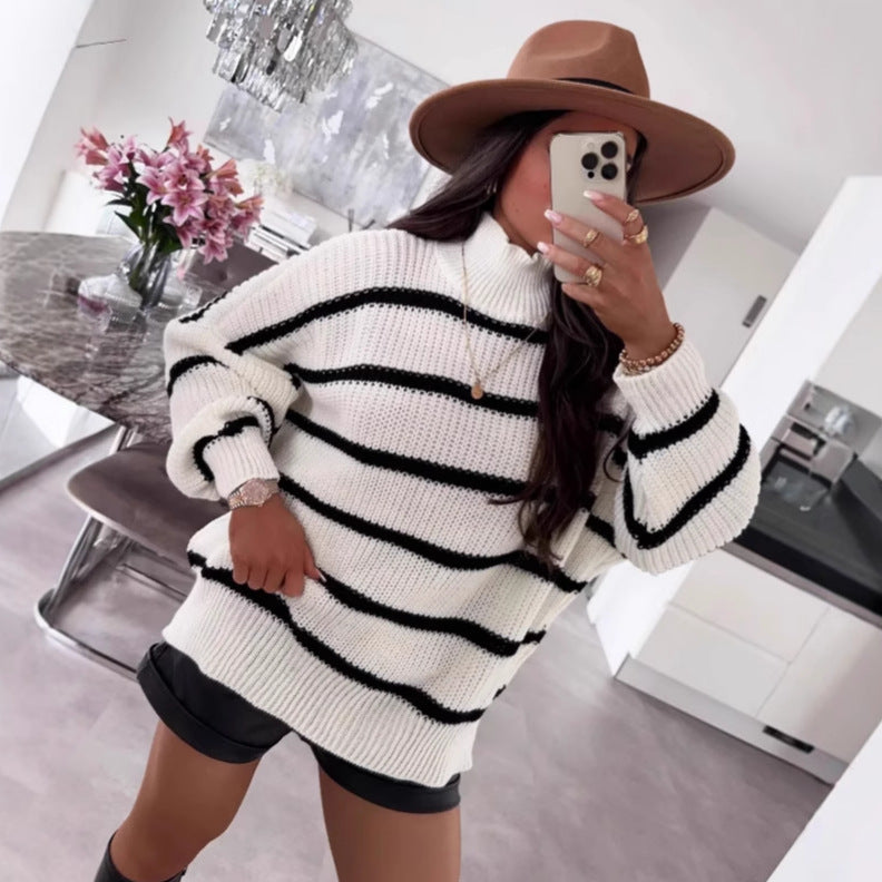 Damen Strickpullover mit Streifenmuster und hohem Kragen Norvielle