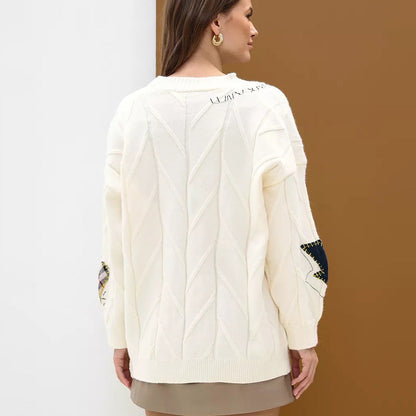 Damen Strickjacke Bunt Applikationen Taschen