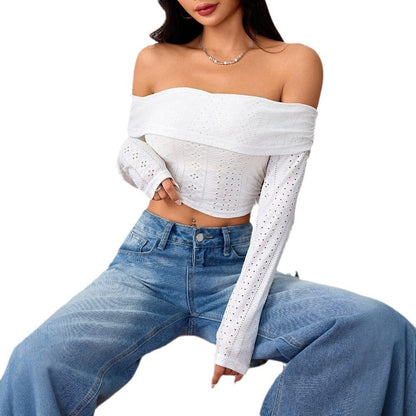 Damen Off-Shoulder Crop- mit langen Puffärmeln und Lochstruktur