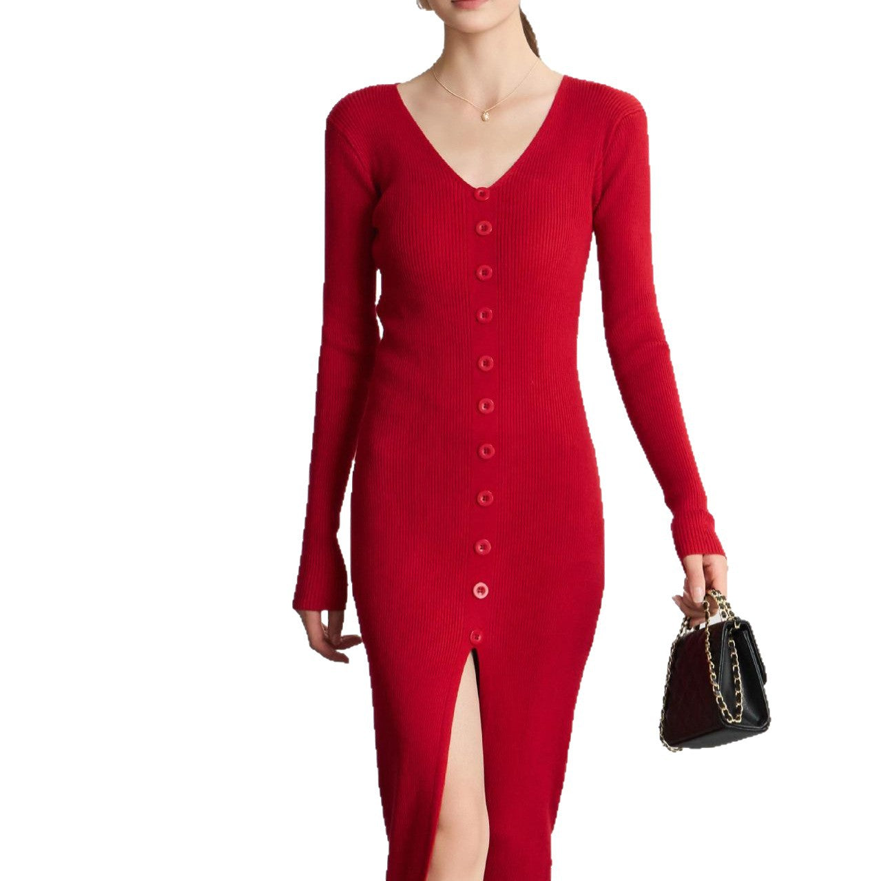 Damen Langarm Strickkleid V-Ausschnitt Knopfleiste Norvielle